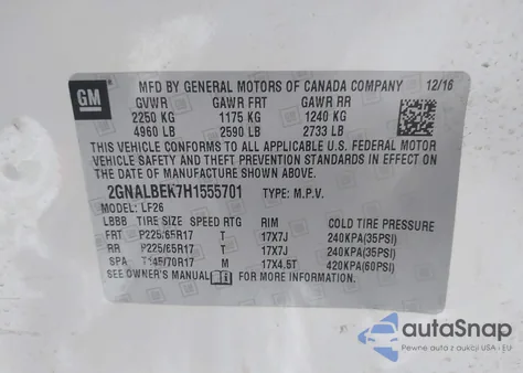 2017 Chevrolet Equinox Ls z USA, uszkodzony, nr VIN 2GNALBEK7H1555701